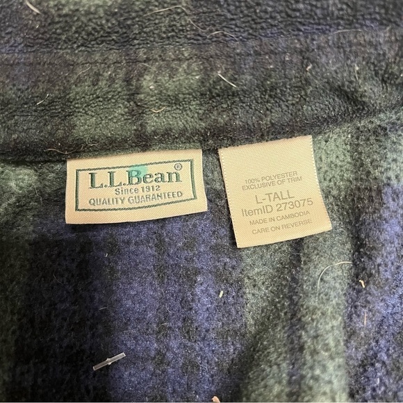 LL Bean Fleece Button Down Shirt Men’s Sz L Tall Long Sleeve Green Plaid Shacket - Picture 5 of 5